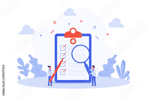 concept of tiny doctor holding pen and magnifying glass to check medical report, flat vector illustration for web, landing page, ui, banner, editorial, mobile app and flyer