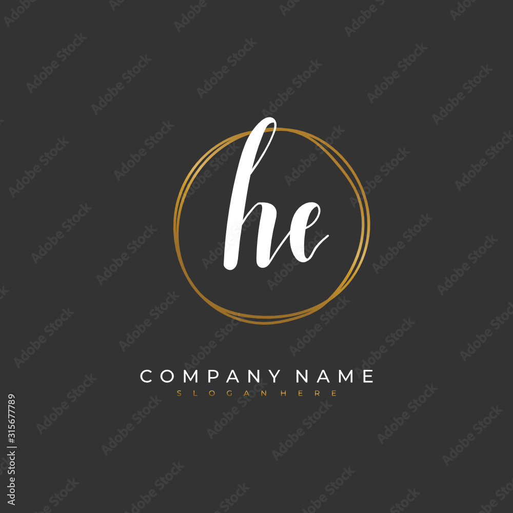 Handwritten initial letter H E HE for identity and logo. Vector logo template with handwriting and signature style.