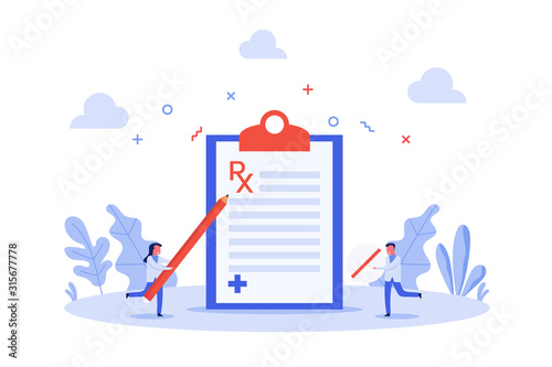 concept of tiny doctor holding pencil to check medical report and holding tablet, flat vector illustration for web, landing page, ui, banner, editorial, mobile app and flyer