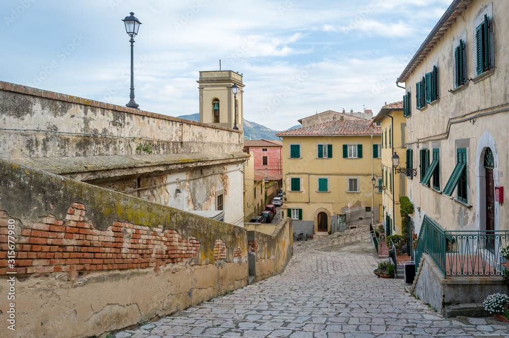 Elba island old town of Portoferraio inner streets and fortress walls. Tuscany, Italy.