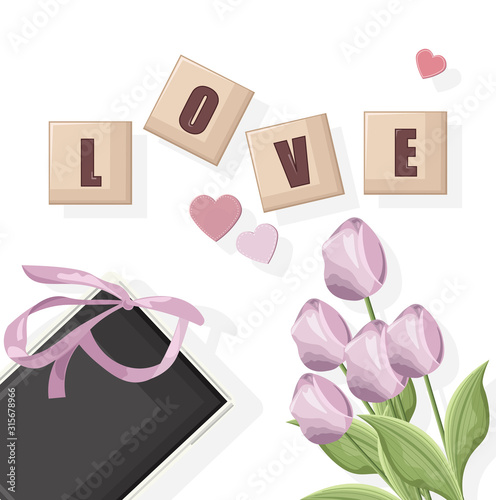 Romantic composition with love written with cubes