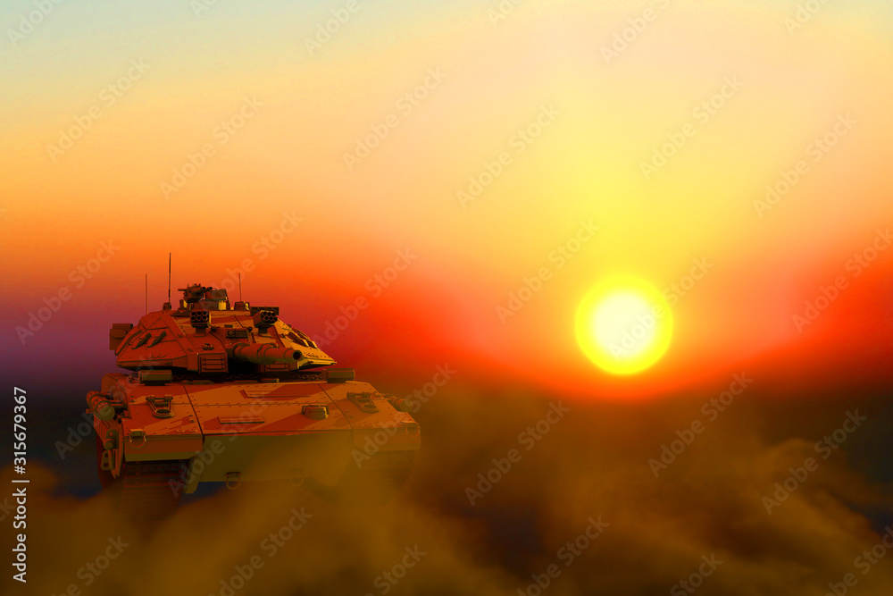 Military 3D Illustration of yellow army tank with not real design on sunset in desert, very high resolution victory concept