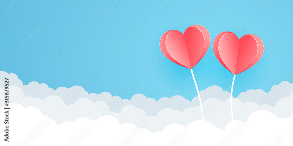 Two origami pink paper balloon heart shape flying on the sky over the cloud. Valentine's day holiday card. Vector illustration