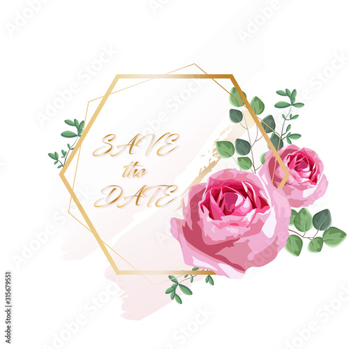 Romantic invitation card with rose flowers and leaves
