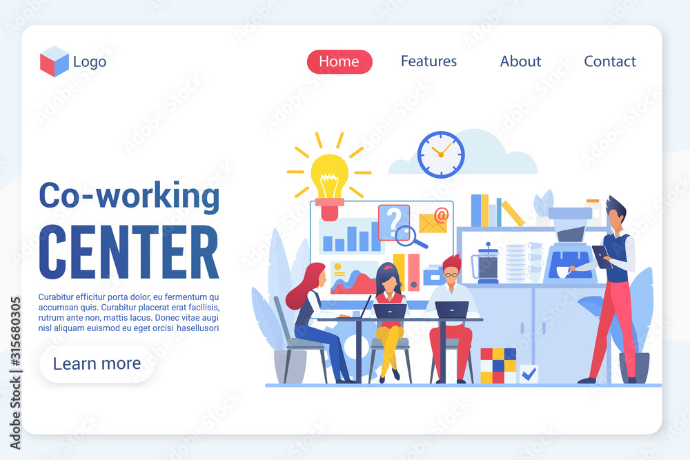 Fotografie Co-working center center landing page vector template