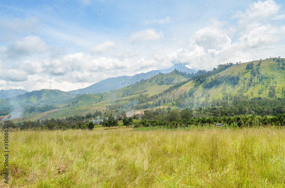 Landscape view of Kawah Wurung in Bondowoso, near Mount Ijen, Banyuwangi, East Java, Indonesia - obrazy, fototapety, plakaty 