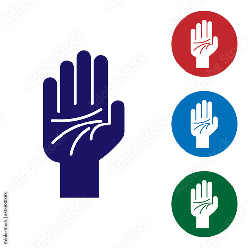 Blue Palmistry of the hand icon isolated on white background. Set color icons in circle buttons. Vector Illustration