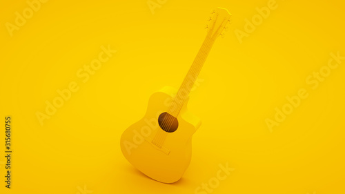 Acoustic guitar on yellow background. Minimal idea concept, 3d illustration