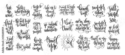 Fototapeta Naklejka Na Ścianę i Meble -  set of 25 travel positive quotes, motivation and inspiration discover adventure hand lettering text