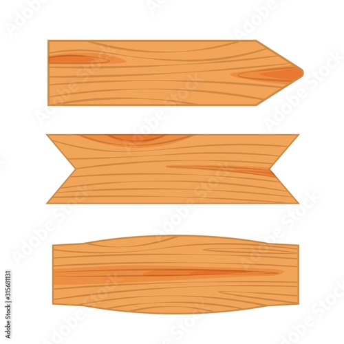 Flat design of wooden road sign. Wood empty signboard, plank and plaque isolated on transparent background. Vector illustration.