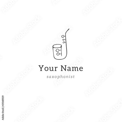 Jazz music logo template with vector hand drawn saxophone icon.