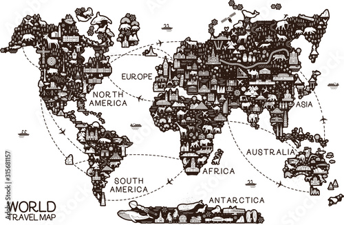 World Travel Line Icons Map. Travel Poster with animals and sightseeing attractions.