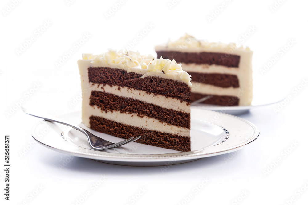 Two homemade cocoa sponge cakes with sugar mass on a plate with a fork on a white background. Two homemade cocoa sponge cakes with sugar mass on a plate with a fork on a white background.