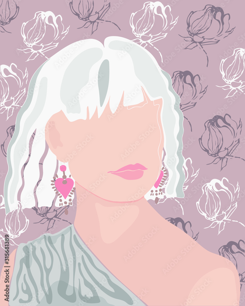 Portrait of a young girl on a floral background. The blonde with beautiful lips. Vector illustration. Portrait of a young girl on a floral background. The blonde with beautiful lips. Vector illustration.