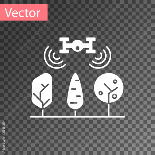 White Smart farm with drone control and tree icon isolated on transparent background. Innovation technology for agricultural company. Vector Illustration