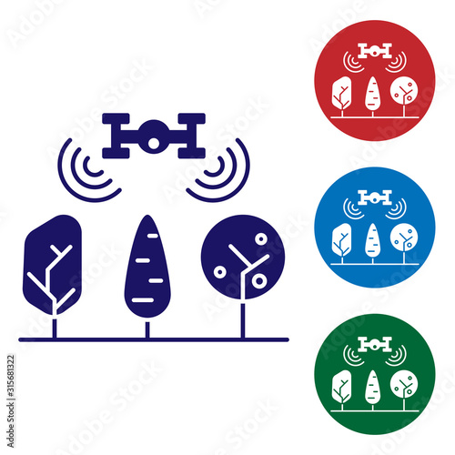 Blue Smart farm with drone control and tree icon isolated on white background. Innovation technology for agricultural company. Set color icons in circle buttons. Vector Illustration