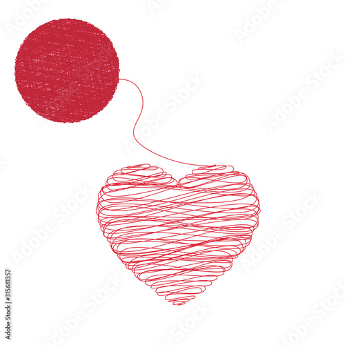 Poster heart knitted from yarn. Valentine is a symbol of love and tenderness. Vector illustration for a tutorial on needlework. Romantic postcard.