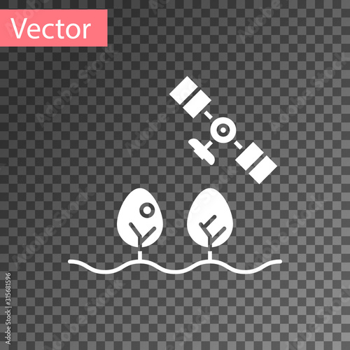 White Smart farm with drone control and tree icon isolated on transparent background. Innovation technology for agricultural company. Vector Illustration
