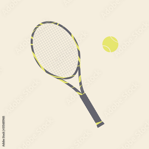 Beautiful racket and ball for playing tennis. Inventory for lawn tennis on court.Vector flat illustration © tatiana77777
