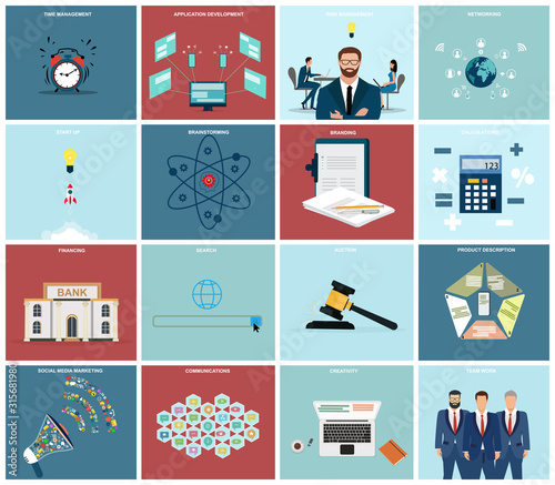 Vector set of a business management, financial services and risk analysis icons