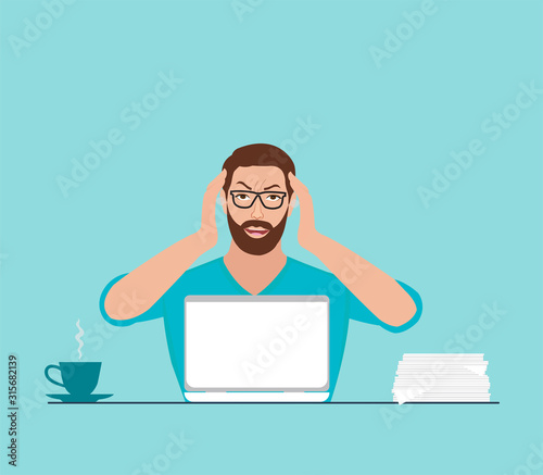 Vector of a stressed man working on a laptop computer