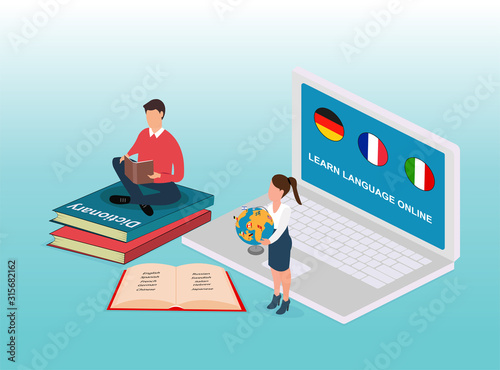 vector of online language learning concept with student reading book and using internet teacher coaching