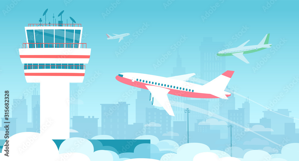 Vector of an airport control tower and airplanes taking off and landing