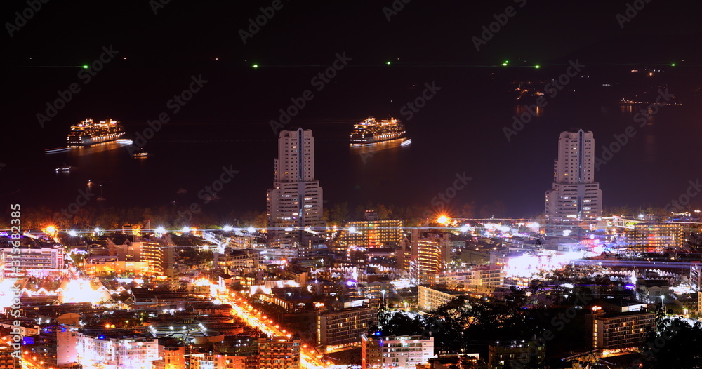 Camera Slow Shutter movement produce lighting effects and double image of Patong Phuket Thailand