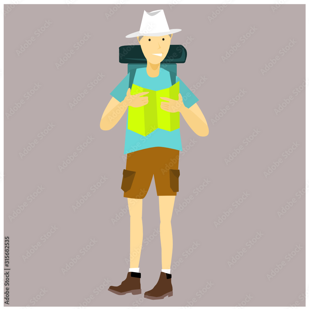 Travel Man looking map with backpack. Free vector