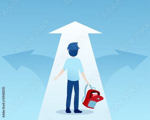 Vector of a young student at crossroads deciding which path to take
