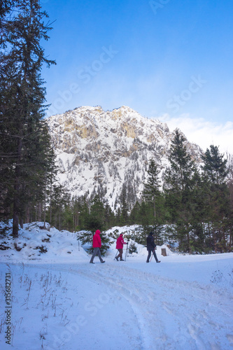 Winter landscape near Green lake (Gruner see), famous tourist destination for walking and trekking in Styria region, Austria
