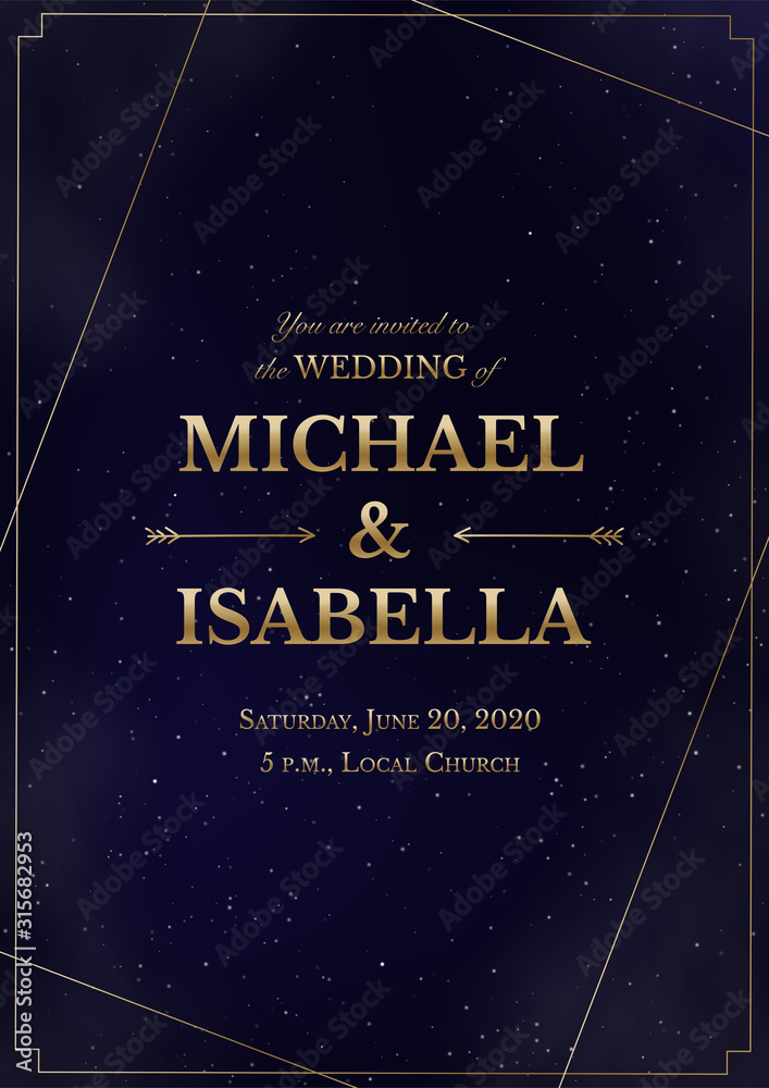 Fototapeta premium Wedding invitation vertical card on magic night dark blue sky with sparkling stars and nebula. Vector golden shiny glowing lettering in creative frame. Luxury elegant navy blue template.