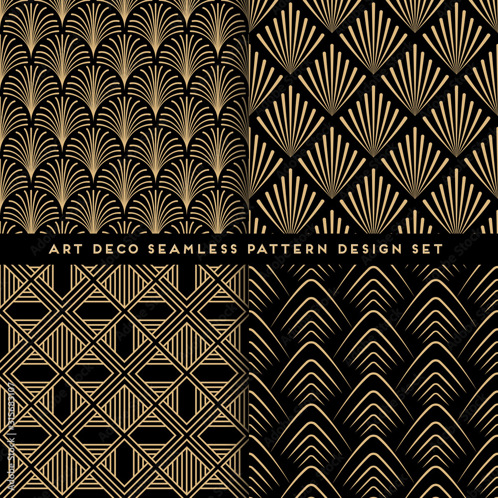 Art deco style seamless pattern design set - golden line repeat patterns on black background