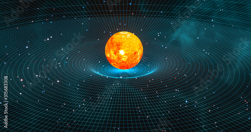 Sun-like star creating gravitational waves in space-time continuum 3d rendering  photo