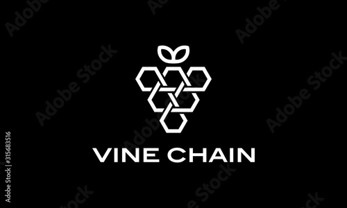 vine wine grape with block chain logo design concept