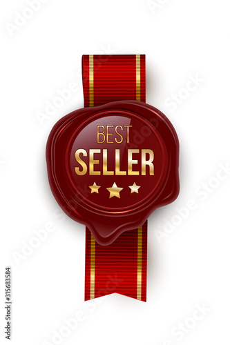 Award seal 3d realistic vector color illustration. Reward. Best seller seal with stars. Certified product. Quality badge, emblem with red ribbon. Winner trophy. Isolated design element.