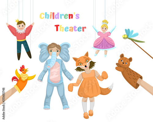 Children theater with dolls, puppets and children in dresses. Vector set illustration