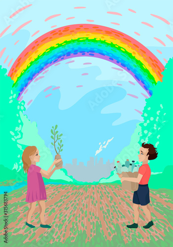 Volunteer gives plastic, the girl plants a sprout, nature and the plant behind, a rainbow over the field. Vector illustration