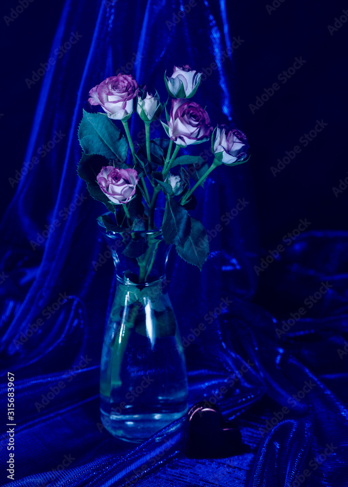 A bouquet of pink fresh roses in a glass vase with water, a blue veil and a red heart in the room. Tinted blue. Blue background. Selective focus. A bouquet of pink fresh roses in a glass vase with water, a blue veil and a red heart in the room. Tinted blue. Blue background. Selective focus.