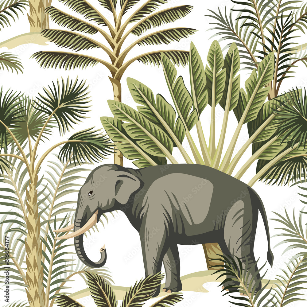 Fototapeta premium Tropical vintage elephant wild animal, palm tree and plant floral seamless pattern white background. Exotic jungle safari wallpaper.