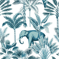 Sierkussen Tropische print patronen Vintage blauwe olifant junglepatroon wit  © good_mood