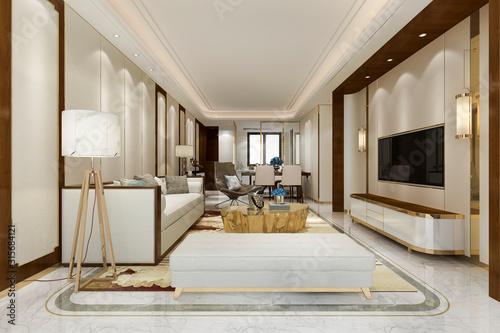 3d rendering modern dining room and living room with luxury golden decor