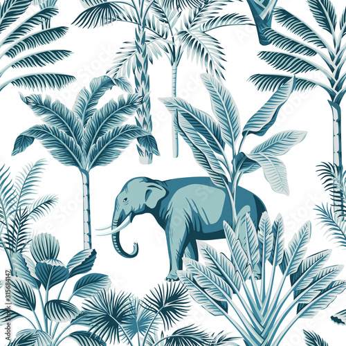 Washable wallpaper murals Tropical vintage blue elephant wild animals, palm  tree, banana tree and plant floral seamless pattern white background.  Exotic jungle safari wallpaper. 
