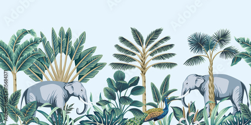 Tropical vintage botanical peacock bird, elephant animal, palm tree and plant floral seamless border blue background. Exotic jungle wallpaper.