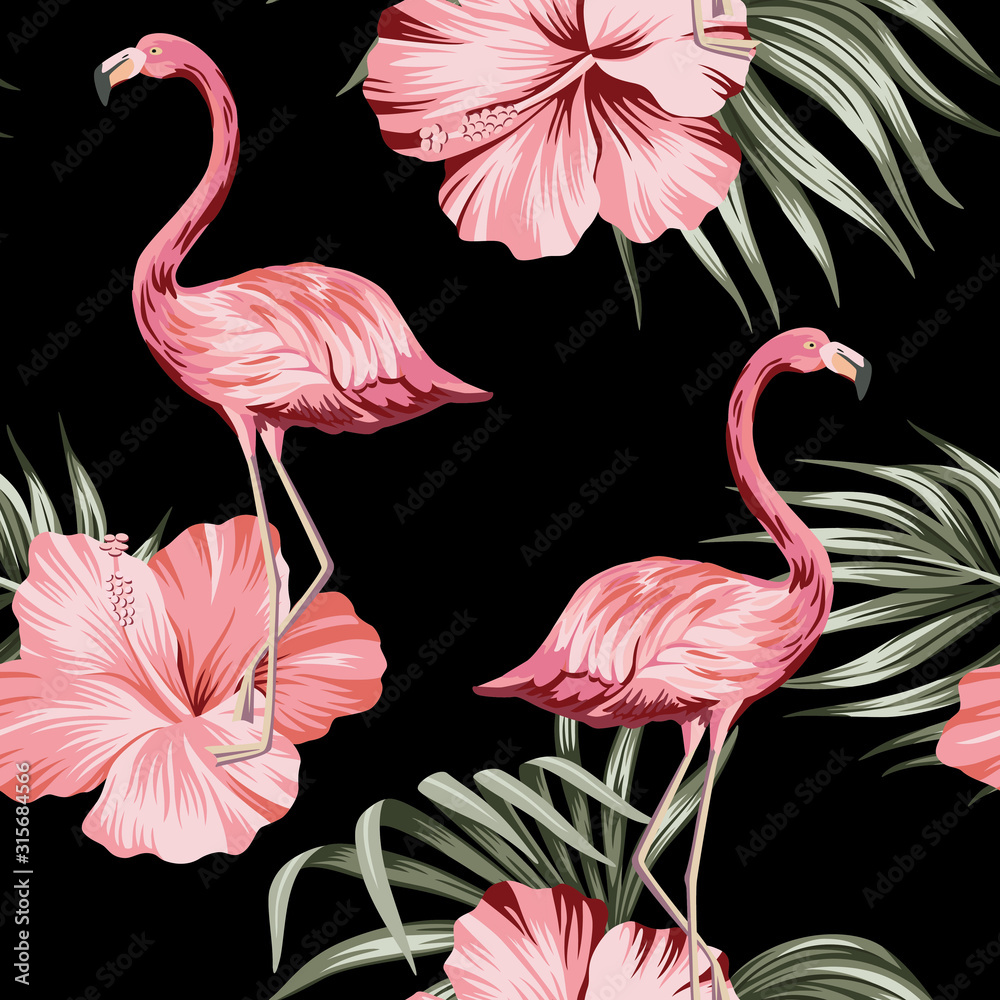 Tropical pink hibiscus and flamingo floral green palm leaves seamless pattern black background. Exotic jungle wallpaper.