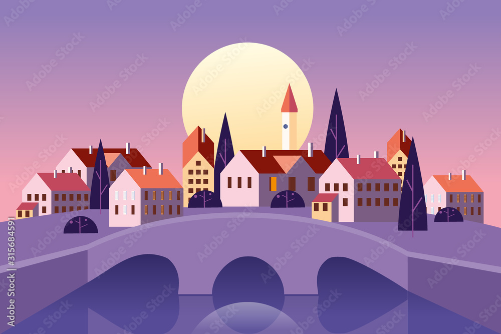 Old Cityscape stone bridge. Sunset old town architecture Europe by the river