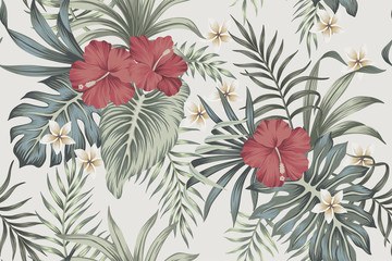 Acrylglasbilder Hibiskusmuster Tropical vintage faded flower hibiscus, plumeria floral green palm leaves seamless pattern grey background. Exotic jungle wallpaper.  © good_mood