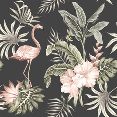 Fotobehang Hibiscus patronen Vintage flamingo strelitzia jungle nacht  © good_mood