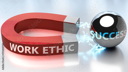 Work ethic helps achieving success - pictured as word Work ethic and a magnet, to symbolize that Work ethic attracts success in life and business, 3d illustration photo