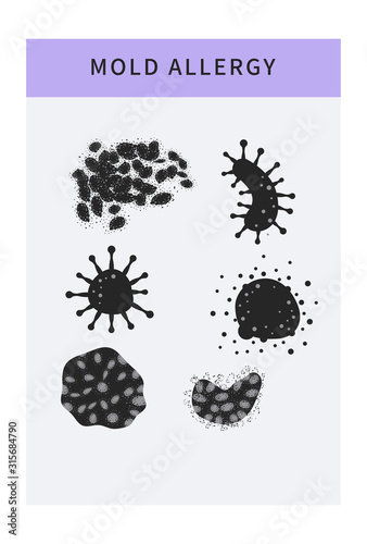 Mold allergy icons set with different fungus bacteria. Infographic concept. Banner template with cartoon allergy risk symbols